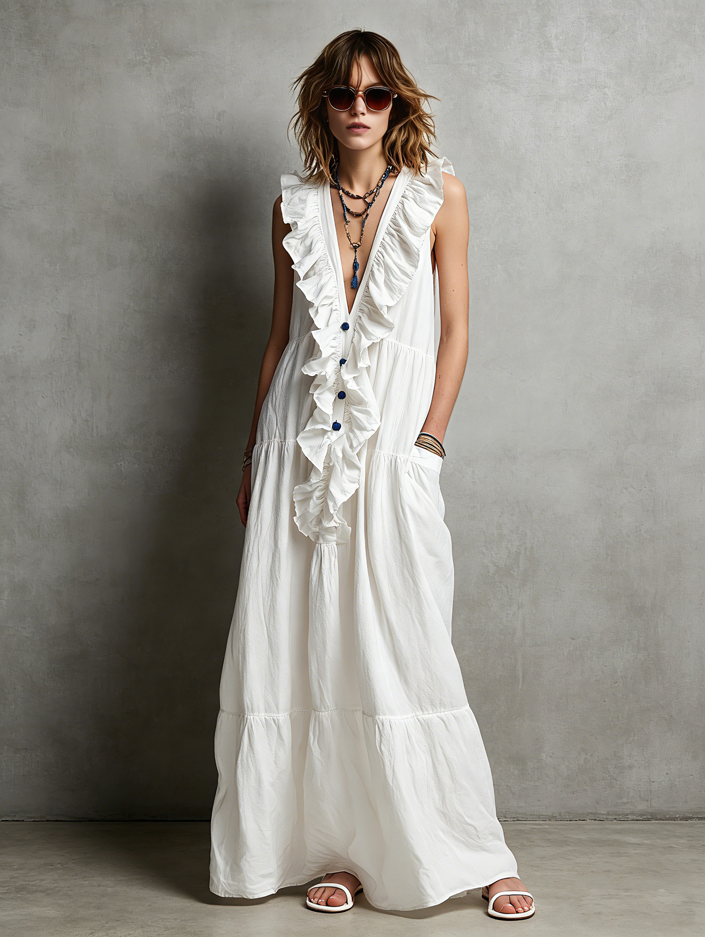 Women's Casual White Cotton-Linen Maxi Dress — V-Neck, Ruffled, Sleeveless