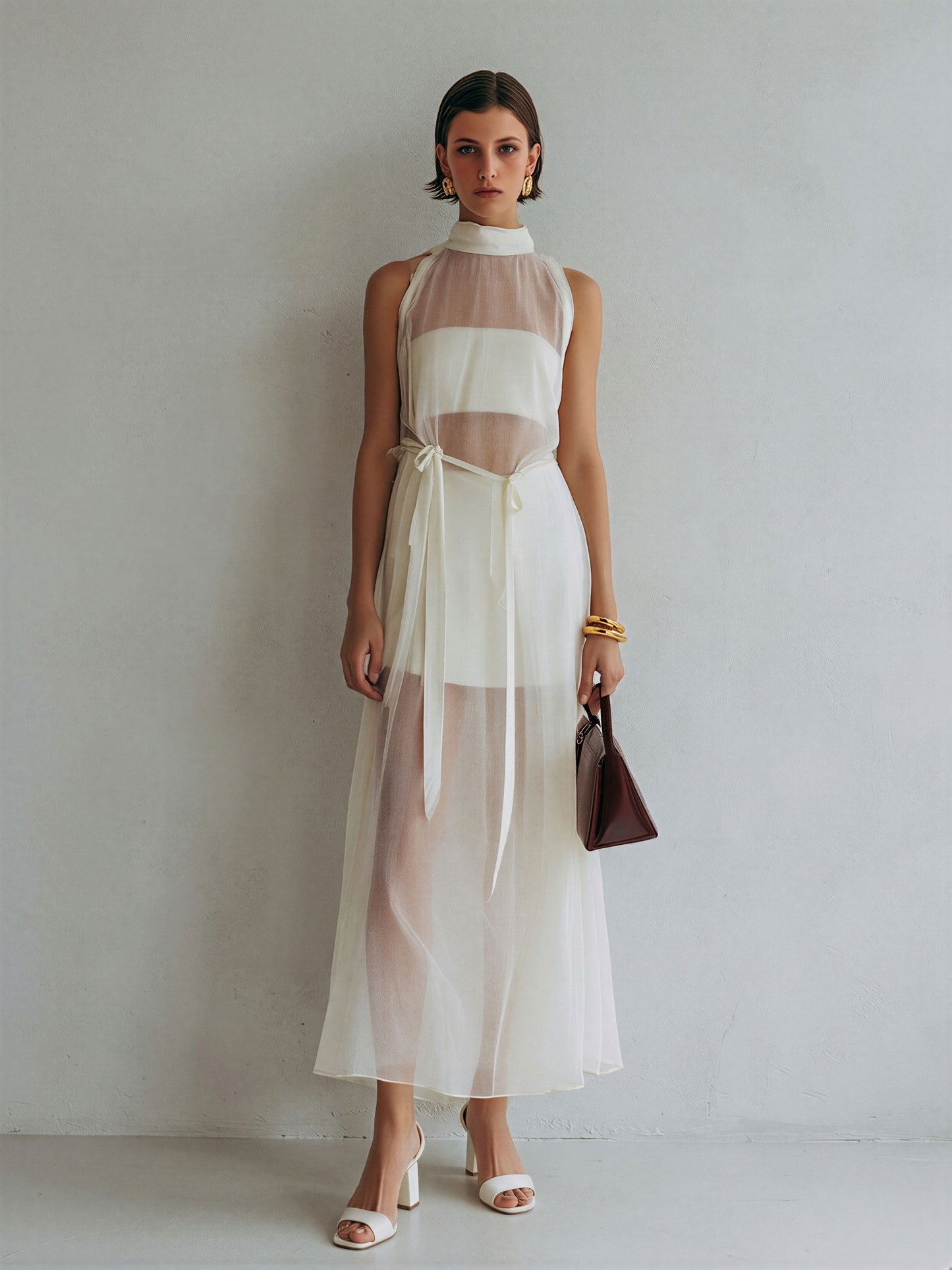 Women’s Ivory Sheer Mesh Halter Neck Maxi Dress With Inner Lining & Waist Tie