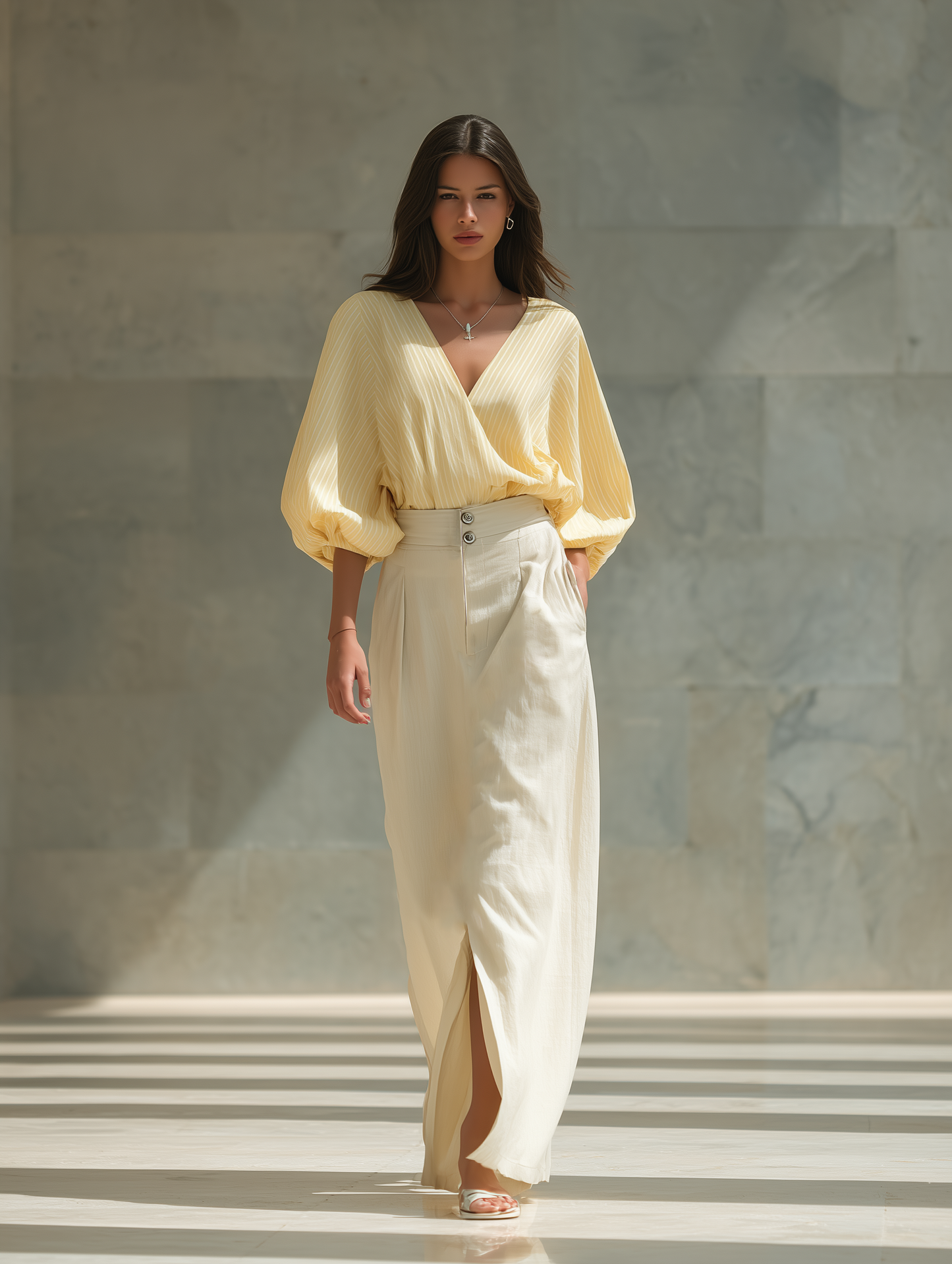 Women’s Yellow Striped Wrap Blouse & Beige High-Waisted Linen Maxi Skirt With Slit Two-Piece Set