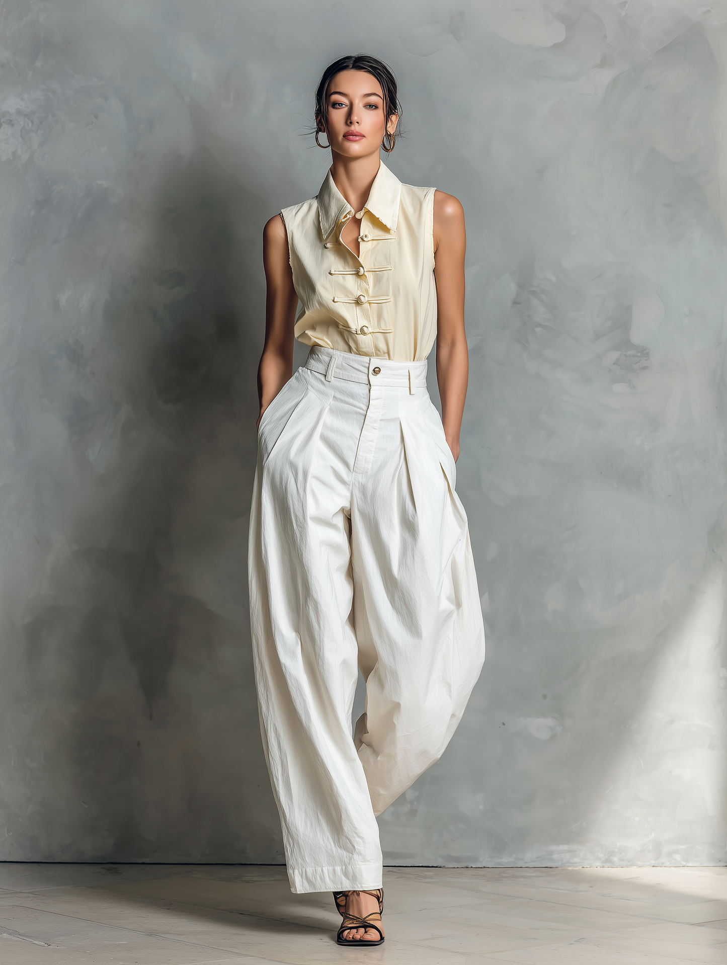 Women’s Cream Sleeveless Frog-Button Blouse & White High-Waisted Pleated Balloon Pants Two-Piece Set With Pockets