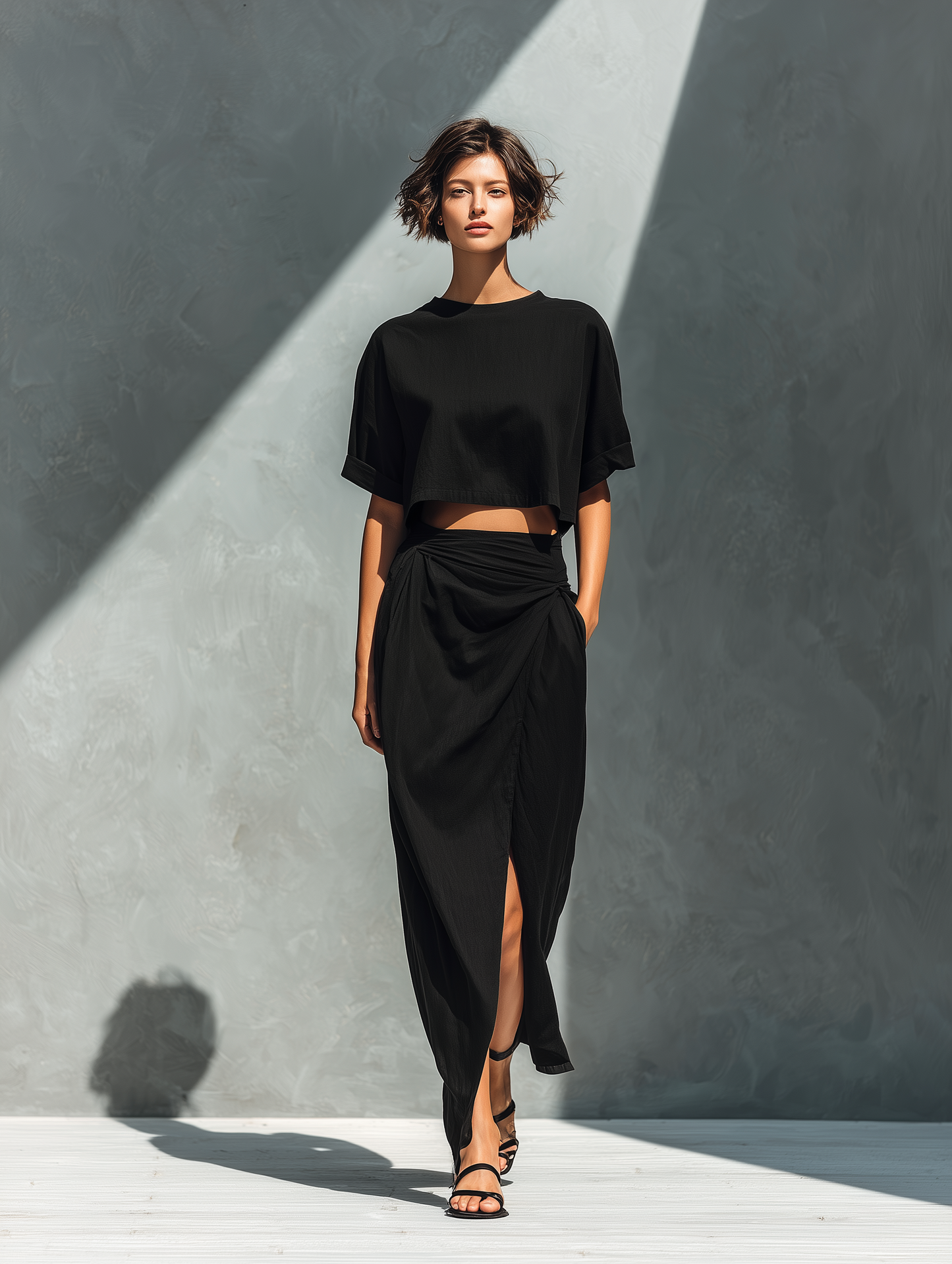 Women’s Black Linen-Blend Cropped T-Shirt & Ruched Wrap Maxi Skirt With Slit Two-Piece Set
