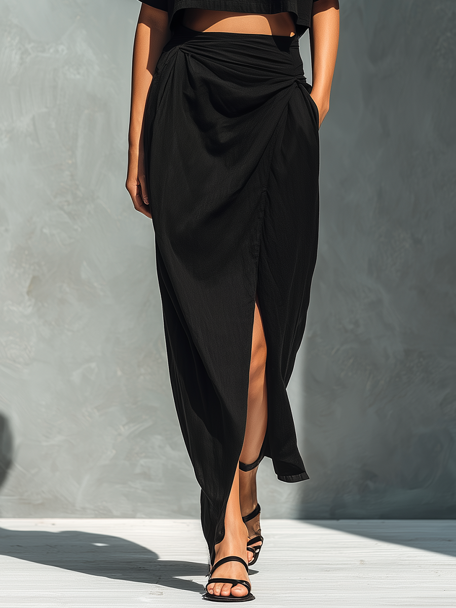 Women’s Black Linen-Blend Cropped T-Shirt & Ruched Wrap Maxi Skirt With Slit Two-Piece Set