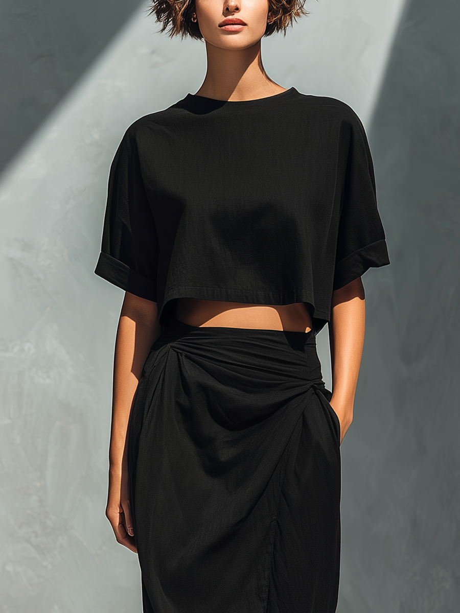 Women’s Black Linen-Blend Cropped T-Shirt & Ruched Wrap Maxi Skirt With Slit Two-Piece Set