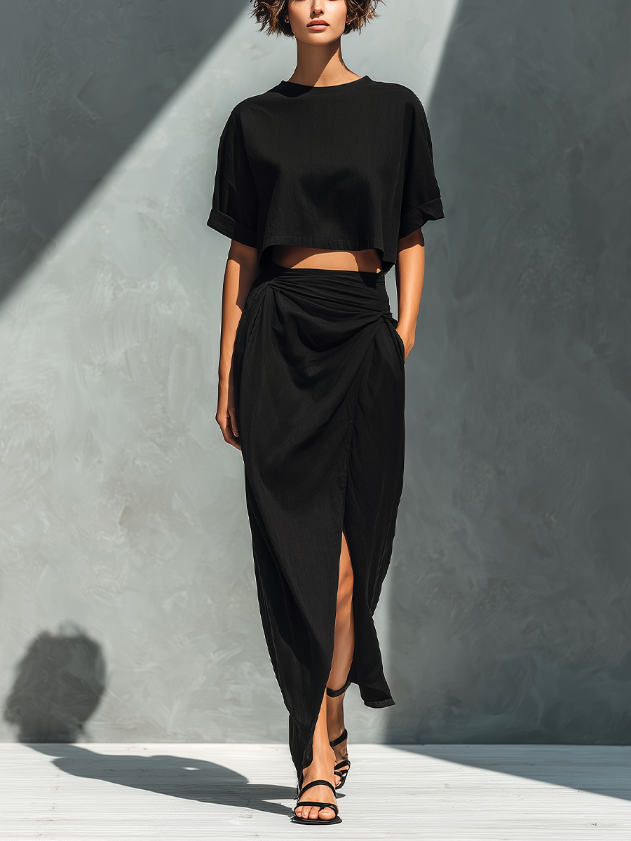 Women’s Black Linen-Blend Cropped T-Shirt & Ruched Wrap Maxi Skirt With Slit Two-Piece Set
