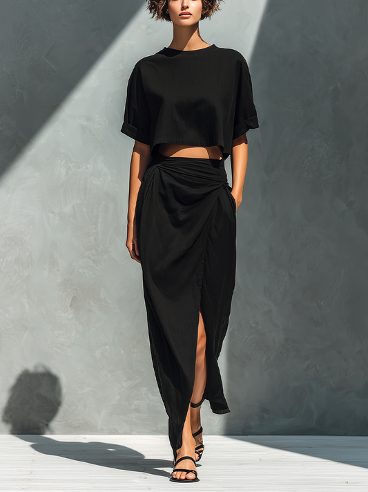 Women’s Black Linen-Blend Cropped T-Shirt & Ruched Wrap Maxi Skirt With Slit Two-Piece Set