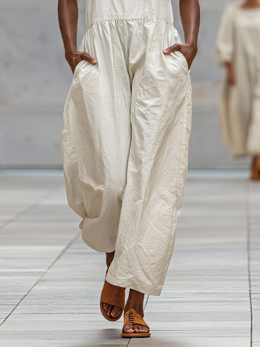 Women's Off-White Cotton-Blend Wide-Leg Jumpsuit With Square Neck & Pockets, Timeless Minimalist Loungewear