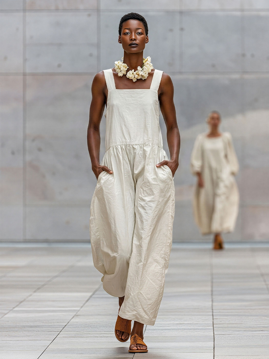Women's Off-White Cotton-Blend Wide-Leg Jumpsuit With Square Neck & Pockets, Timeless Minimalist Loungewear