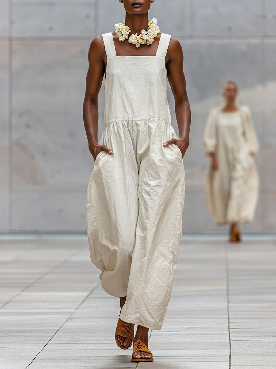 Women's Off-White Cotton-Blend Wide-Leg Jumpsuit With Square Neck & Pockets, Timeless Minimalist Loungewear