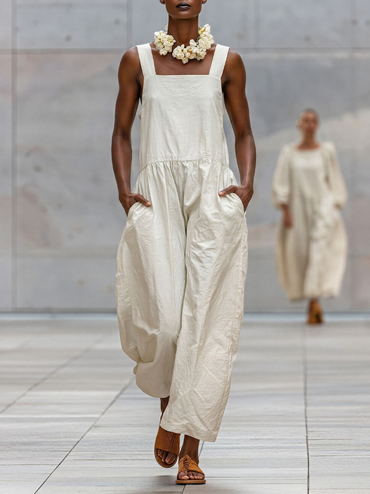 Women's Off-White Cotton-Blend Wide-Leg Jumpsuit With Square Neck & Pockets, Timeless Minimalist Loungewear