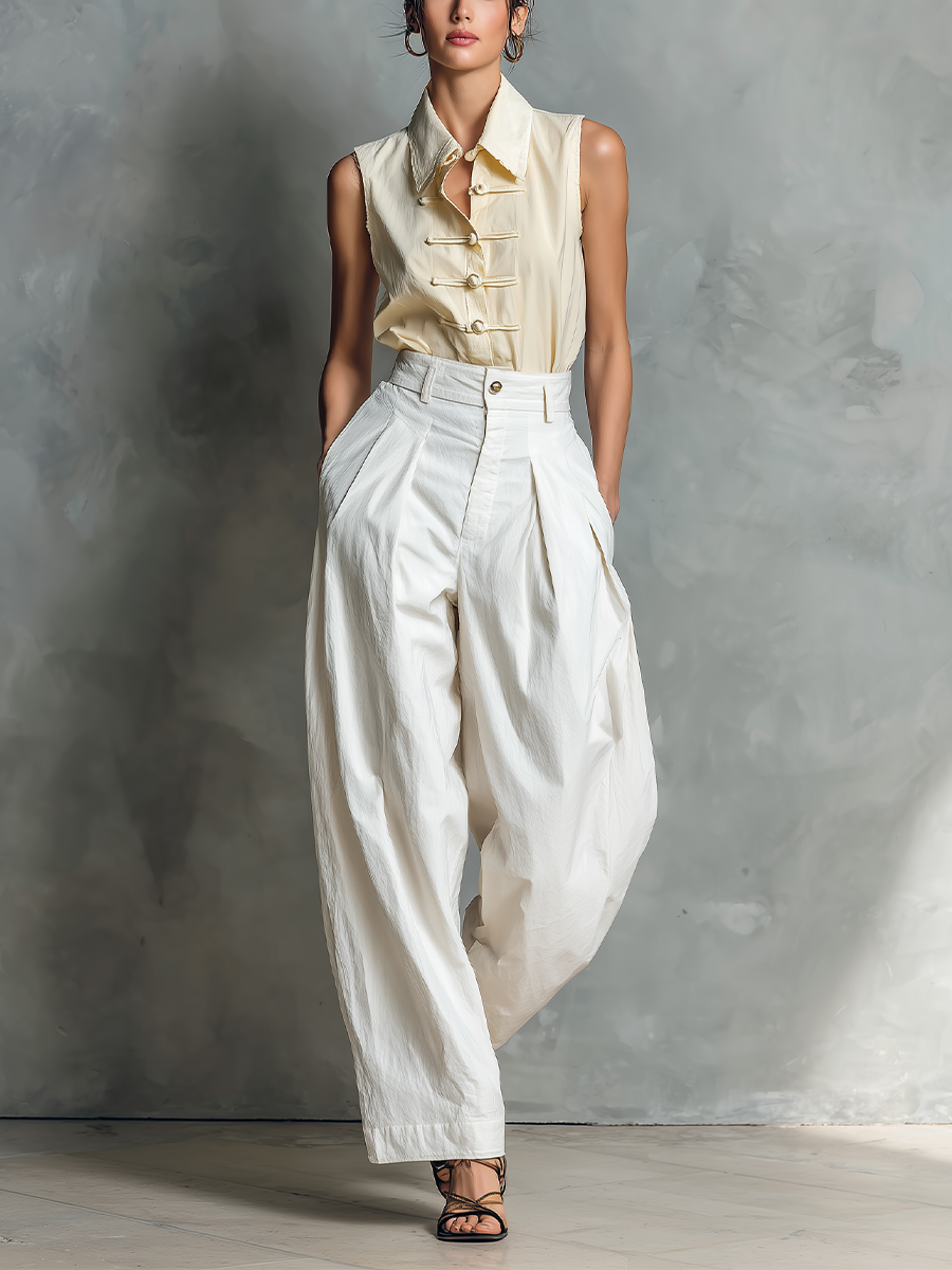 Women’s Cream Sleeveless Frog-Button Blouse & White High-Waisted Pleated Balloon Pants Two-Piece Set With Pockets