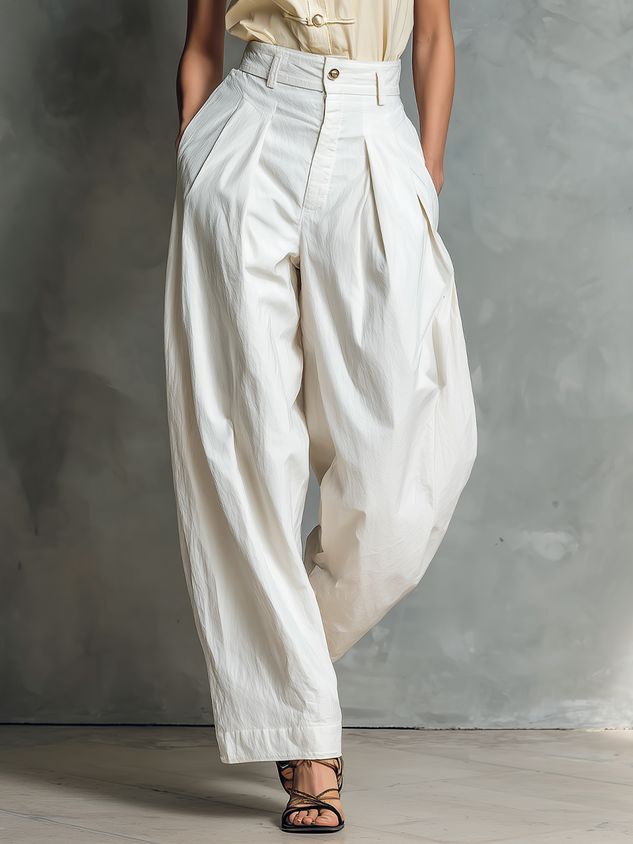 Women’s Cream Sleeveless Frog-Button Blouse & White High-Waisted Pleated Balloon Pants Two-Piece Set With Pockets
