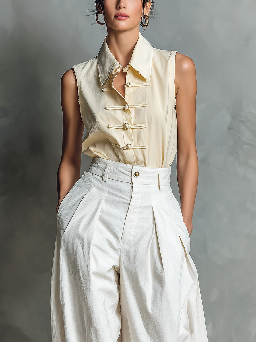 Women’s Cream Sleeveless Frog-Button Blouse & White High-Waisted Pleated Balloon Pants Two-Piece Set With Pockets