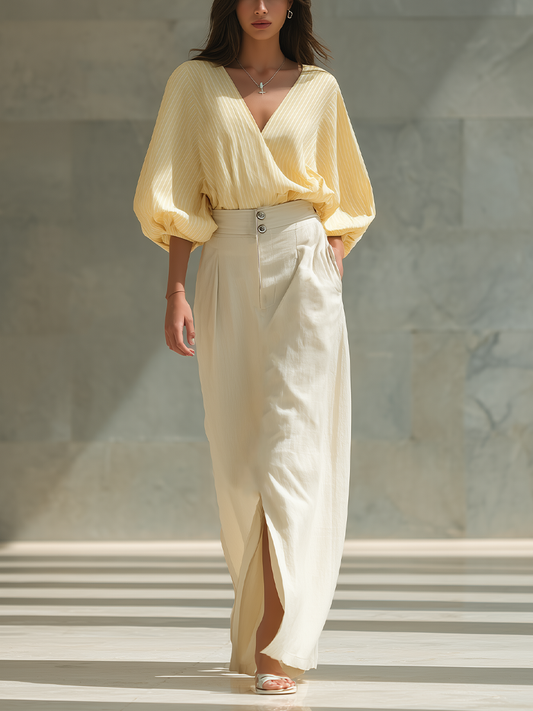 Women’s Yellow Striped Wrap Blouse & Beige High-Waisted Linen Maxi Skirt With Slit Two-Piece Set