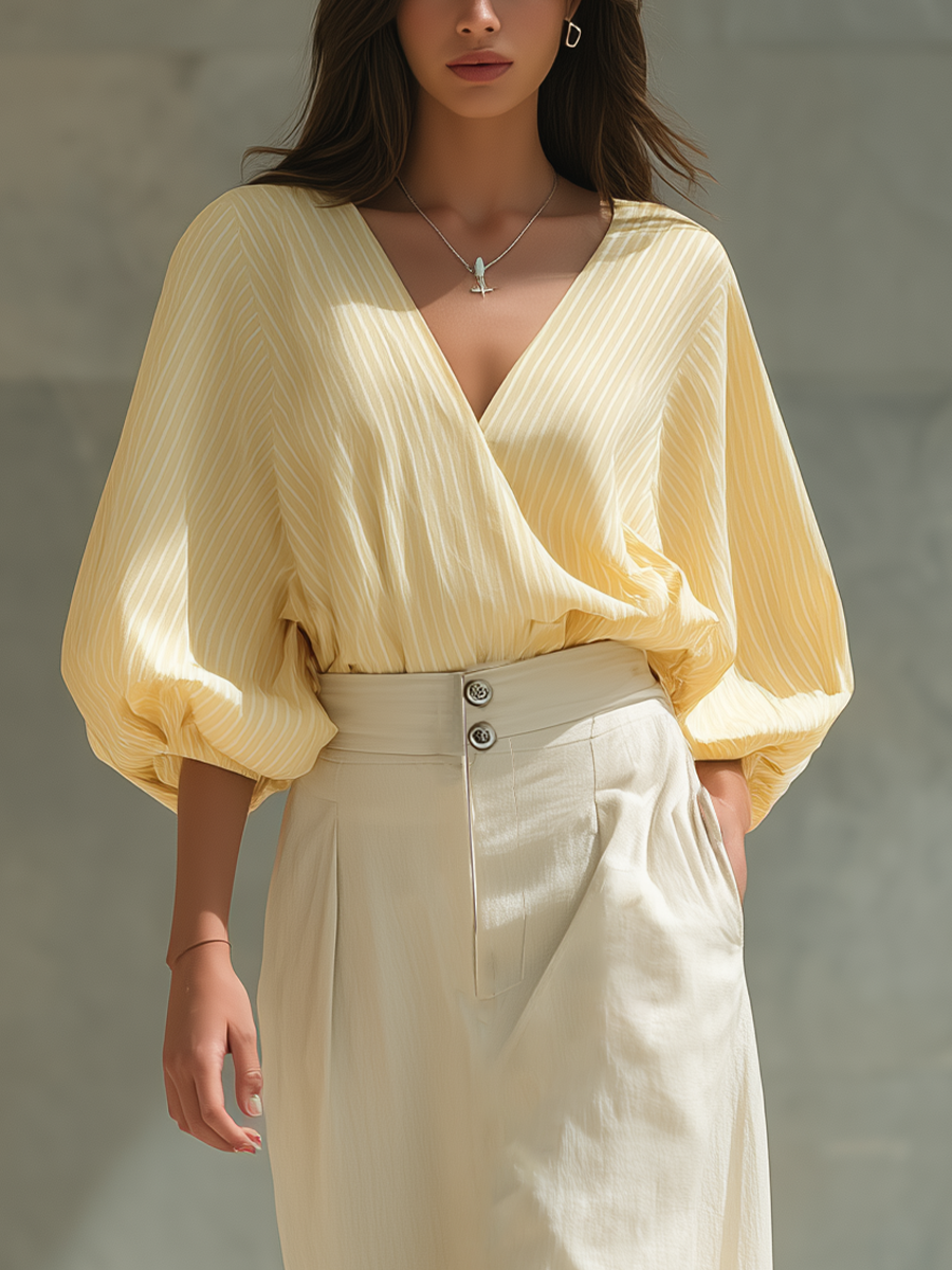 Women’s Yellow Striped Wrap Blouse & Beige High-Waisted Linen Maxi Skirt With Slit Two-Piece Set