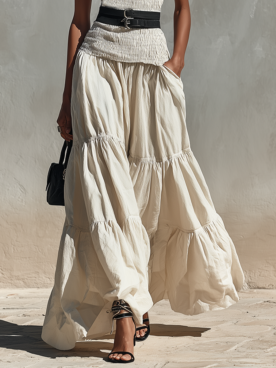 Women's Cream Linen-Blend Two-Piece Set With Smocked Top & Tiered Maxi Skirt, Timeless Boho-Chic Summer Outfit (without Belt)