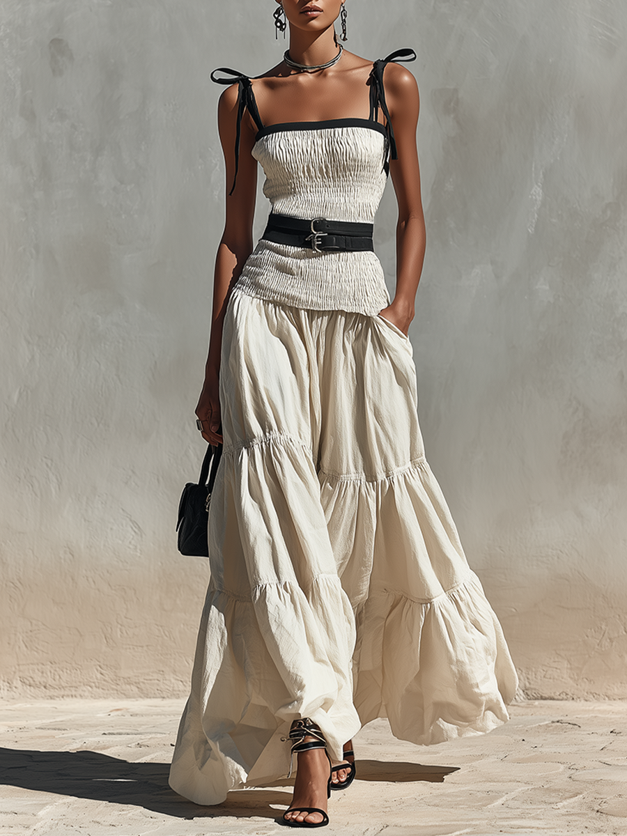 Women's Cream Linen-Blend Two-Piece Set With Smocked Top & Tiered Maxi Skirt, Timeless Boho-Chic Summer Outfit (without Belt)
