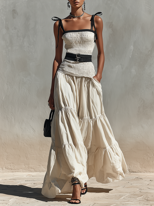 Women's Cream Linen-Blend Two-Piece Set With Smocked Top & Tiered Maxi Skirt, Timeless Boho-Chic Summer Outfit (without Belt)