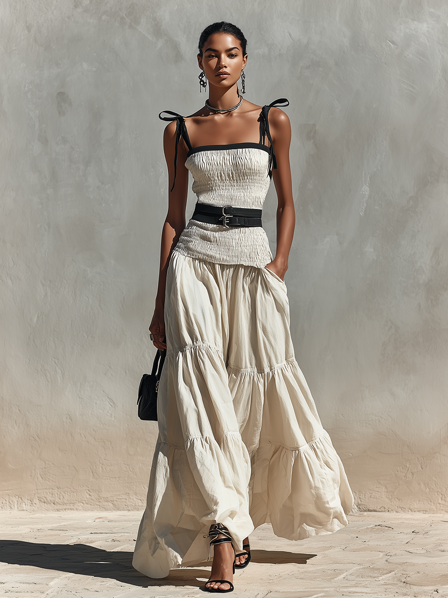 Women's Cream Linen-Blend Two-Piece Set With Smocked Top & Tiered Maxi Skirt, Timeless Boho-Chic Summer Outfit (without Belt)
