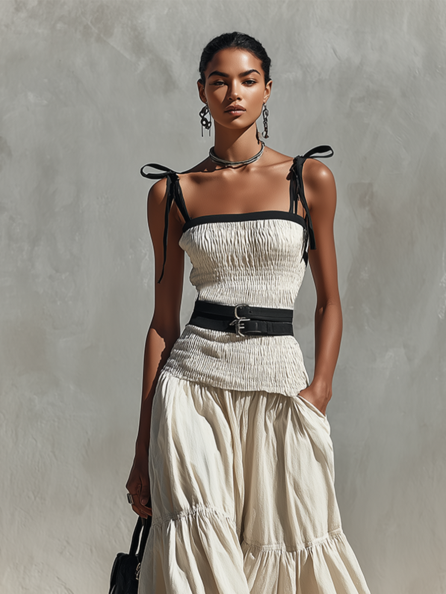 Women's Cream Linen-Blend Two-Piece Set With Smocked Top & Tiered Maxi Skirt, Timeless Boho-Chic Summer Outfit (without Belt)