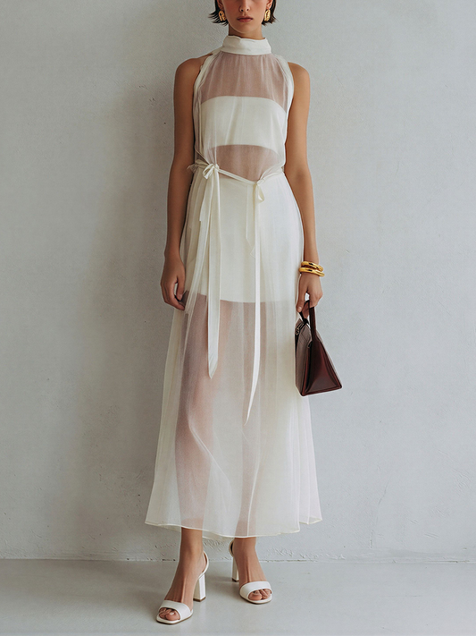 Women’s Ivory Sheer Mesh Halter Neck Maxi Dress With Inner Lining & Waist Tie