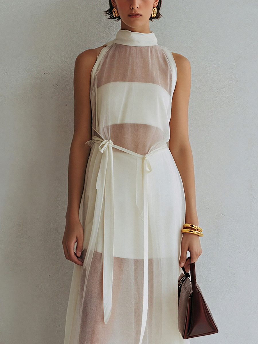 Women’s Ivory Sheer Mesh Halter Neck Maxi Dress With Inner Lining & Waist Tie