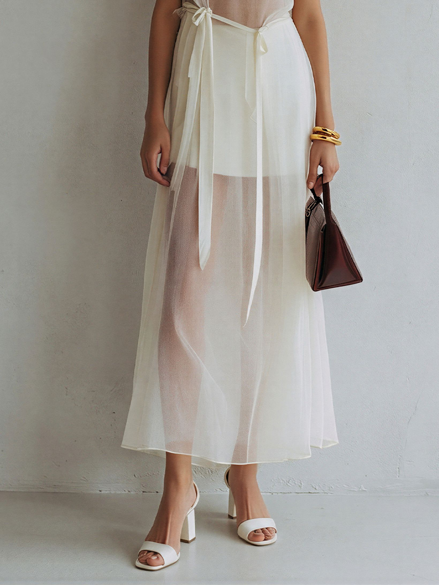 Women’s Ivory Sheer Mesh Halter Neck Maxi Dress With Inner Lining & Waist Tie