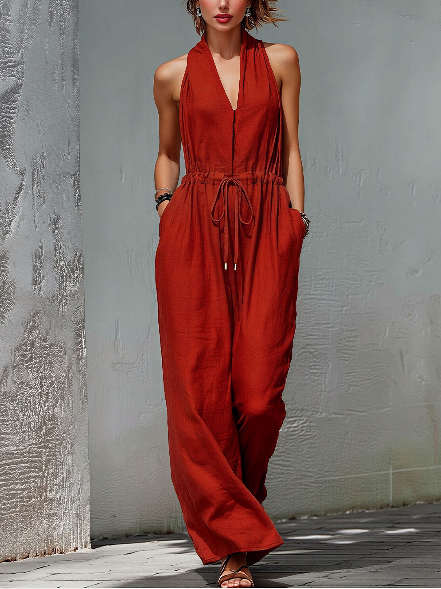 Women’s Rust Red Linen-Blend Halter Neck Drawstring Waist Wide-Leg Jumpsuit With Pockets
