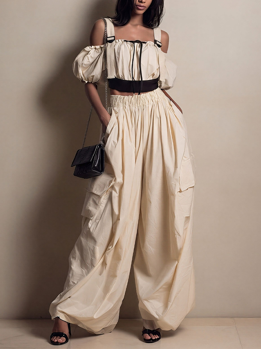 Women's Cream Cotton-Blend Two-Piece Set With Off-Shoulder Crop Top & Cargo Wide-Leg Pants, Timeless Utility-Chic Streetwear Outfit