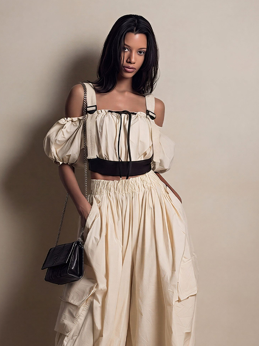 Women's Cream Cotton-Blend Two-Piece Set With Off-Shoulder Crop Top & Cargo Wide-Leg Pants, Timeless Utility-Chic Streetwear Outfit