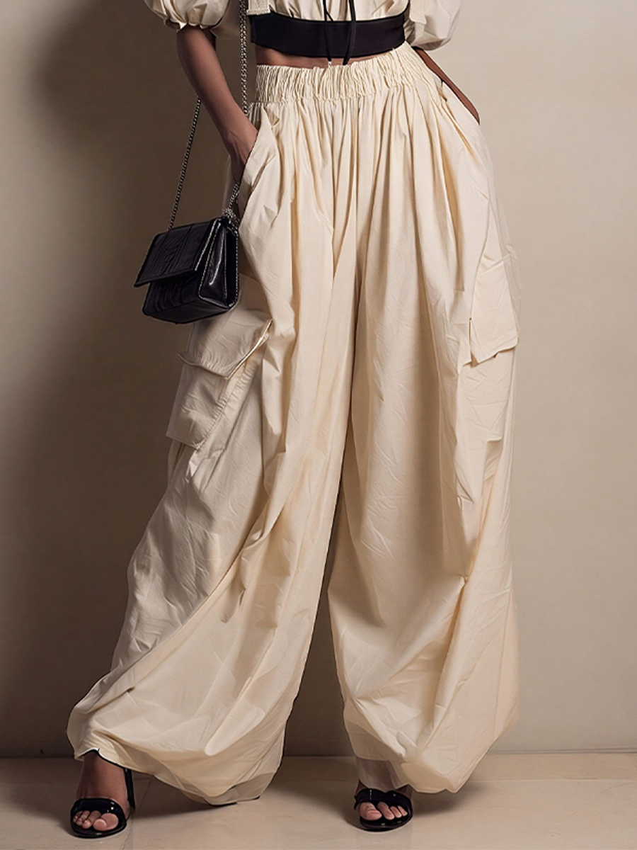 Women's Cream Cotton-Blend Two-Piece Set With Off-Shoulder Crop Top & Cargo Wide-Leg Pants, Timeless Utility-Chic Streetwear Outfit