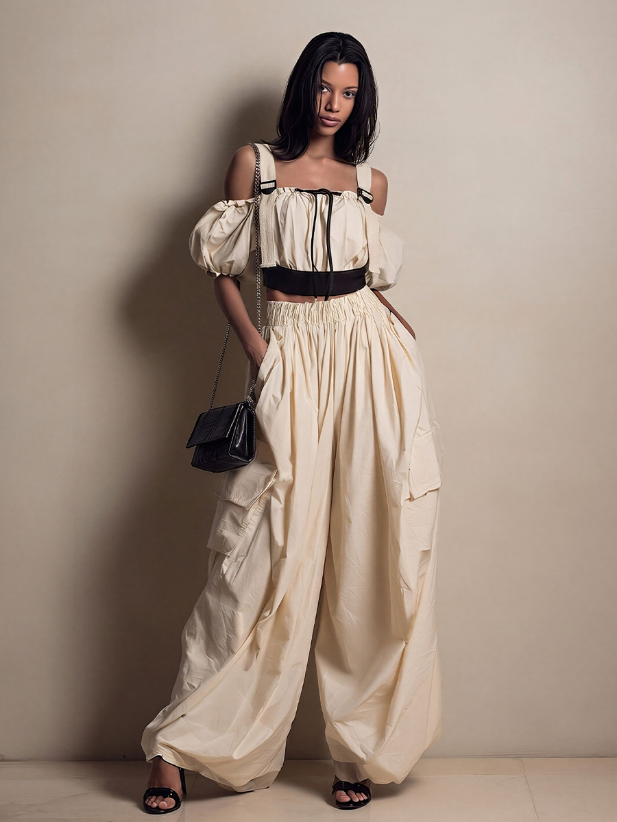 Women's Cream Cotton-Blend Two-Piece Set With Off-Shoulder Crop Top & Cargo Wide-Leg Pants, Timeless Utility-Chic Streetwear Outfit
