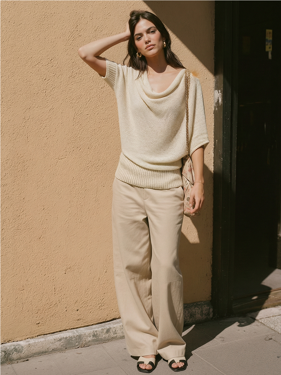 Women's Cream Knit Cowl-Neck Top & Beige Cotton-Blend Pants Set, Timeless Effortless-Chic Neutral Outfit