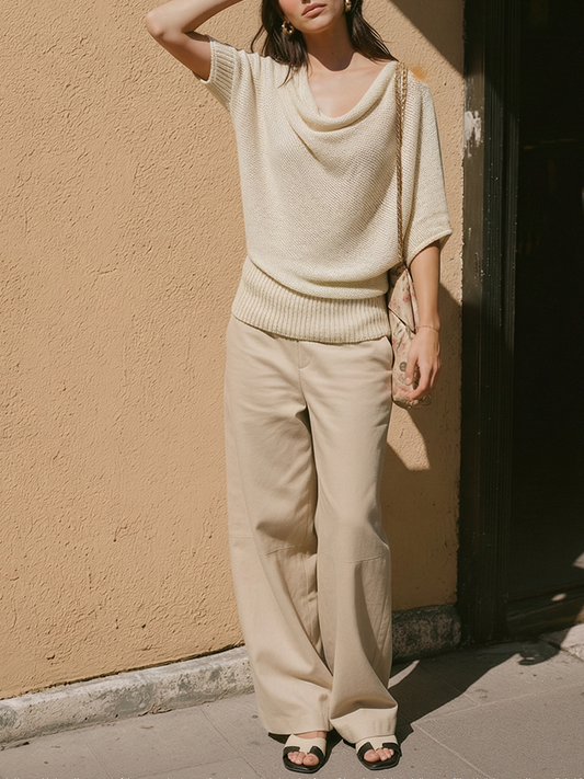 Women's Cream Knit Cowl-Neck Top & Beige Cotton-Blend Pants Set, Timeless Effortless-Chic Neutral Outfit
