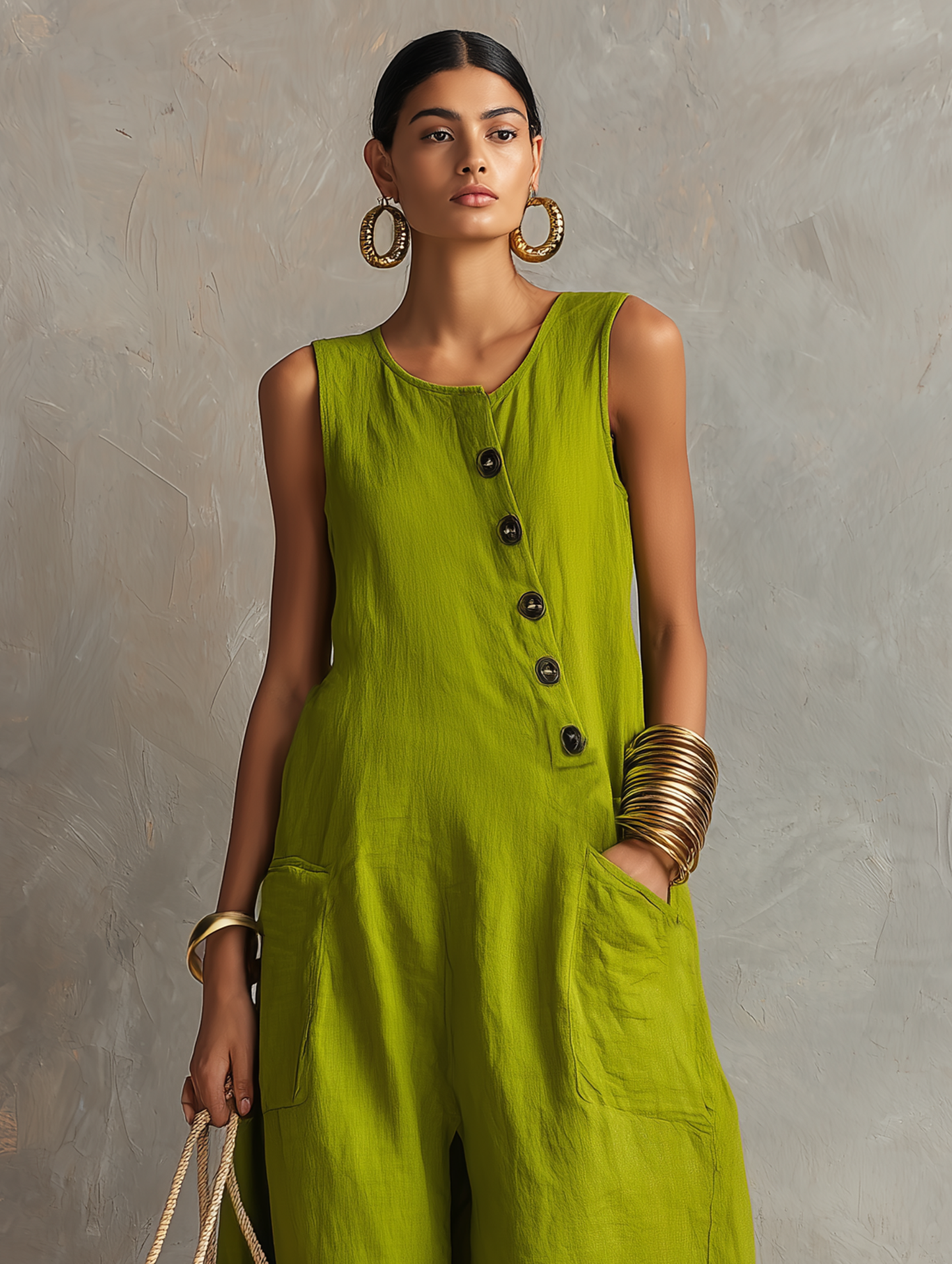 Women's Minimalist Loose-Fit Linen-Blend Sleeveless Jumpsuit With Asymmetrical Buttons