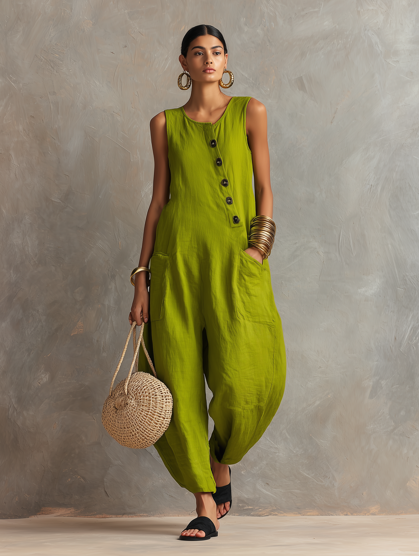 Women's Minimalist Loose-Fit Linen-Blend Sleeveless Jumpsuit With Asymmetrical Buttons