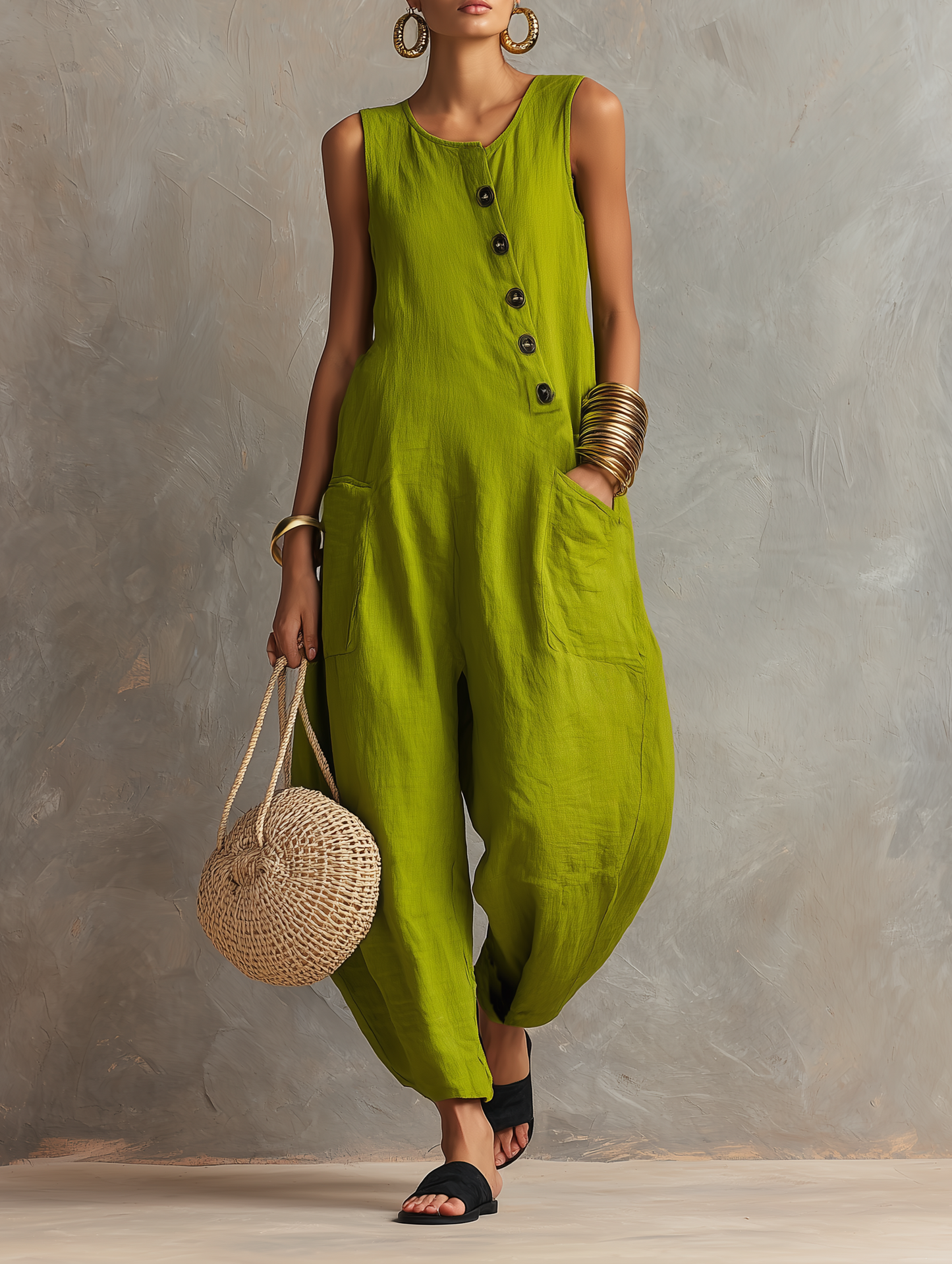 Women's Minimalist Loose-Fit Linen-Blend Sleeveless Jumpsuit With Asymmetrical Buttons