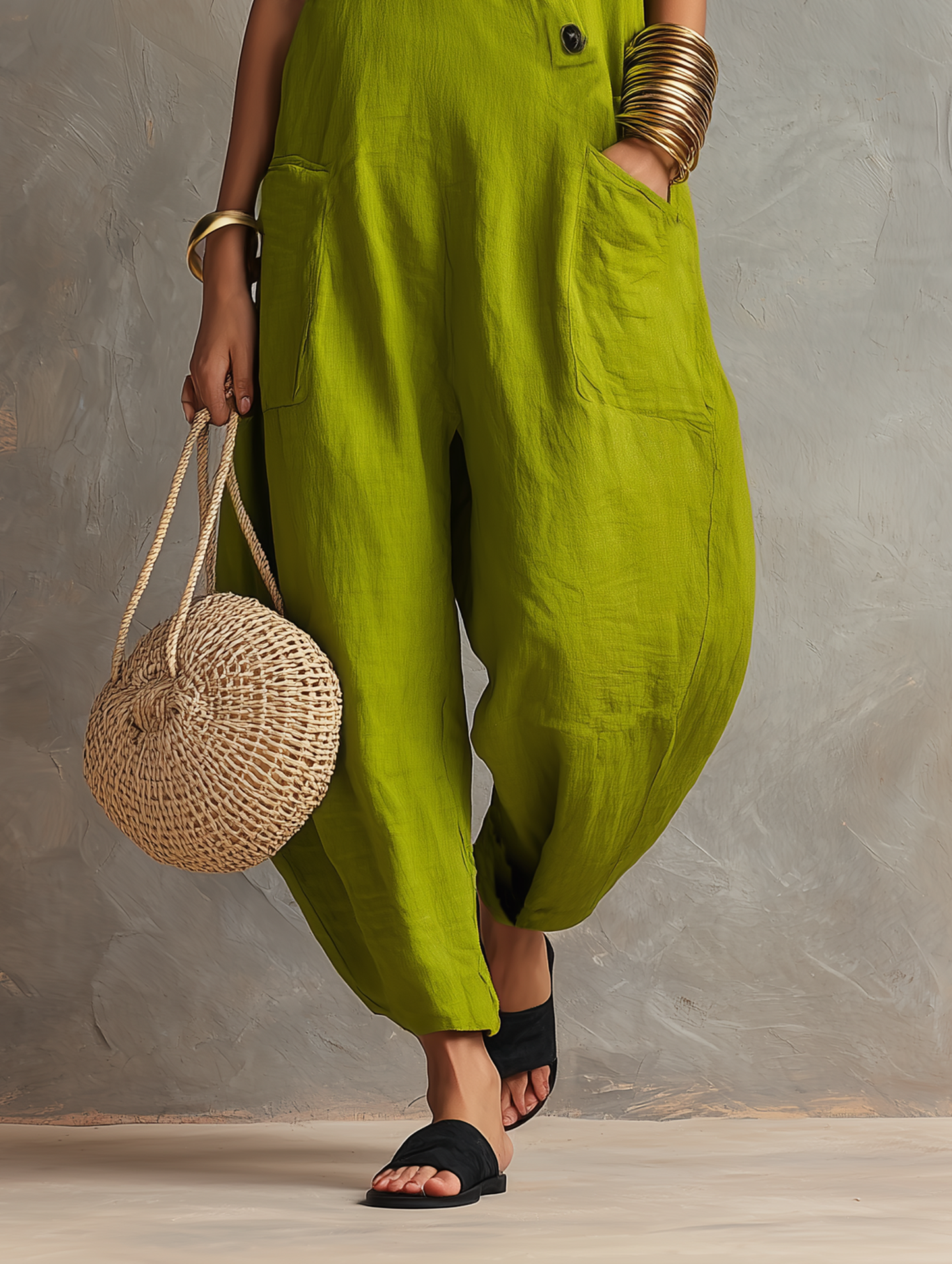Women's Minimalist Loose-Fit Linen-Blend Sleeveless Jumpsuit With Asymmetrical Buttons