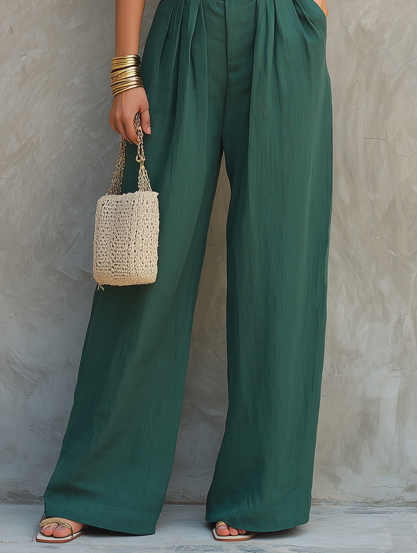 Women's Minimalist Blended Set: Sleeveless, Ruffled, Square-Neck Top & Wide-Leg Pants