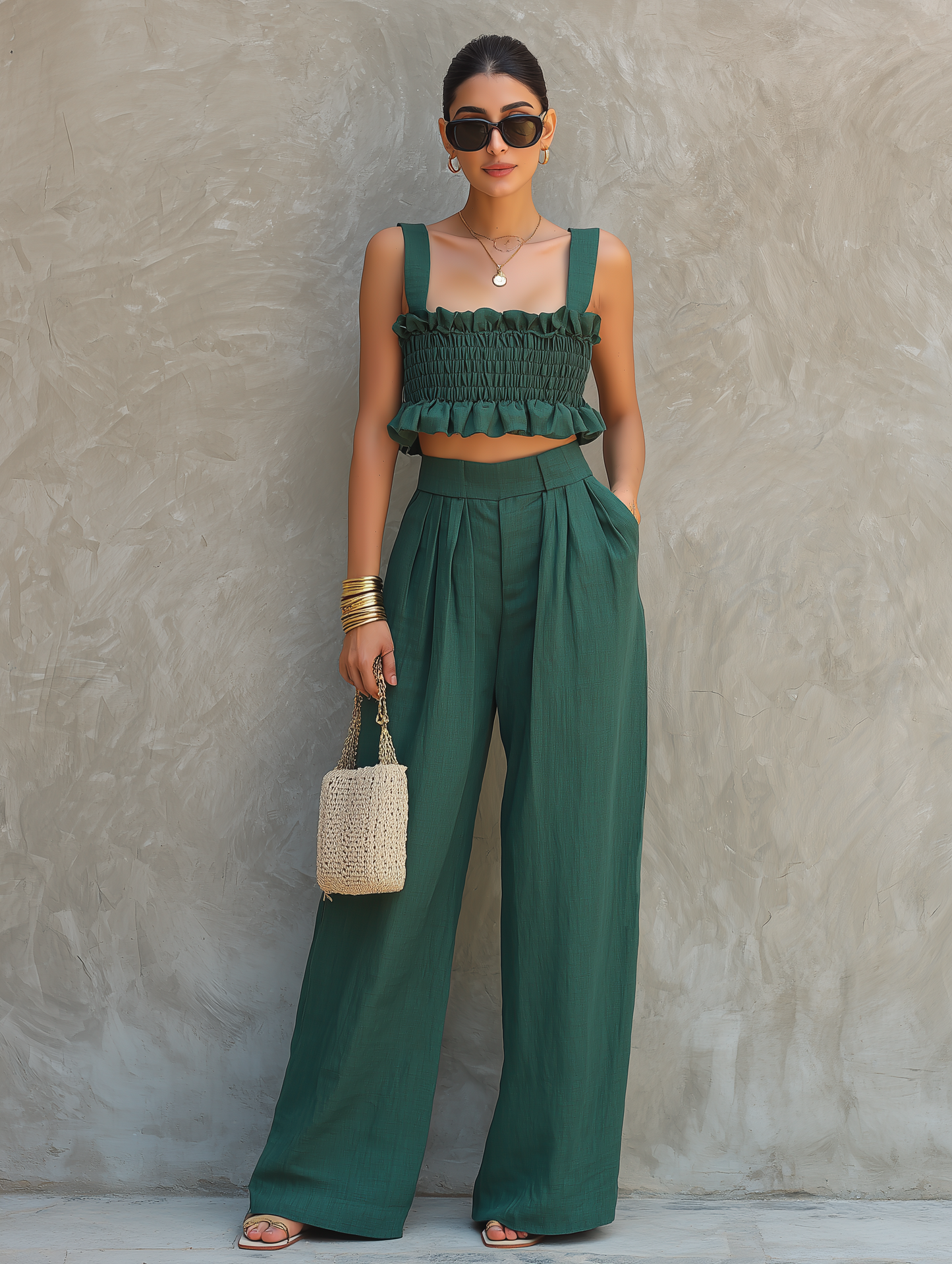 Women's Minimalist Blended Set: Sleeveless, Ruffled, Square-Neck Top & Wide-Leg Pants