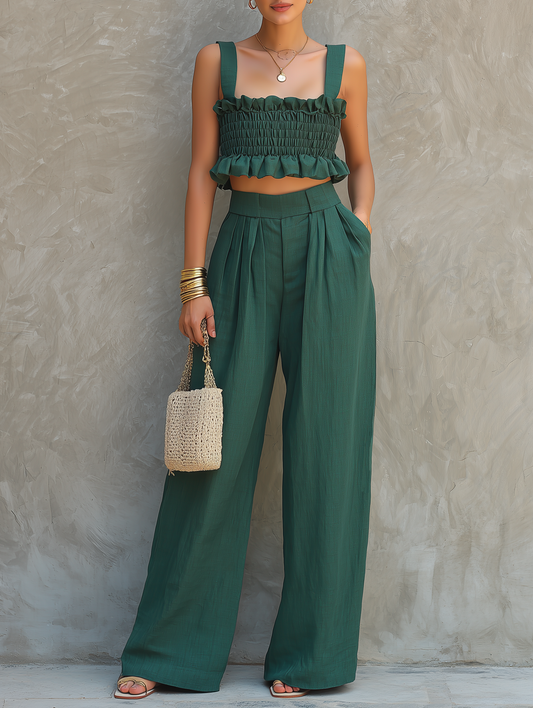 Women's Minimalist Blended Set: Sleeveless, Ruffled, Square-Neck Top & Wide-Leg Pants