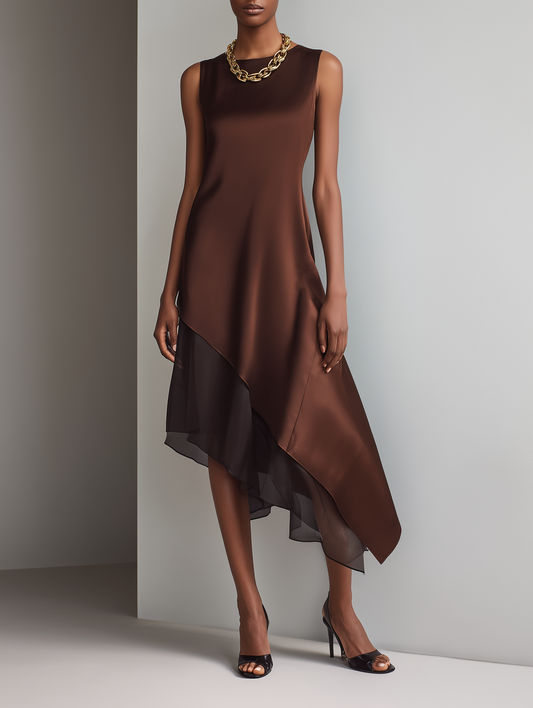 Women's Minimalist Faux Acetate & Chiffon Paneled Midi Dress — Sleeveless, Crew Neck, Asymmetrical Hem