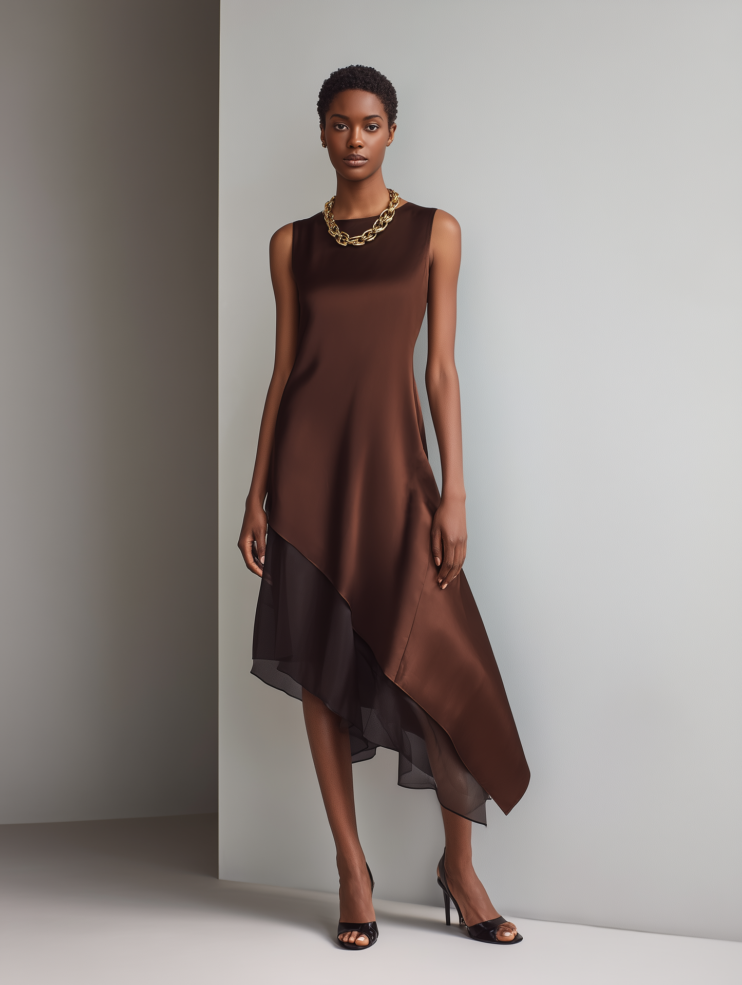 Women's Minimalist Faux Acetate & Chiffon Paneled Midi Dress — Sleeveless, Crew Neck, Asymmetrical Hem