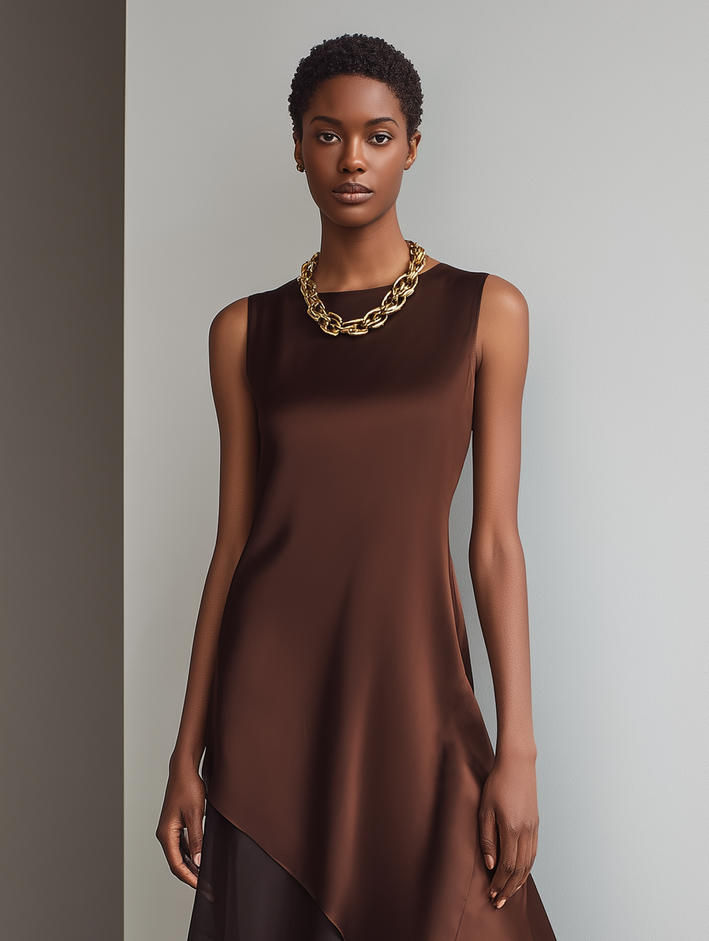 Women's Minimalist Faux Acetate & Chiffon Paneled Midi Dress — Sleeveless, Crew Neck, Asymmetrical Hem