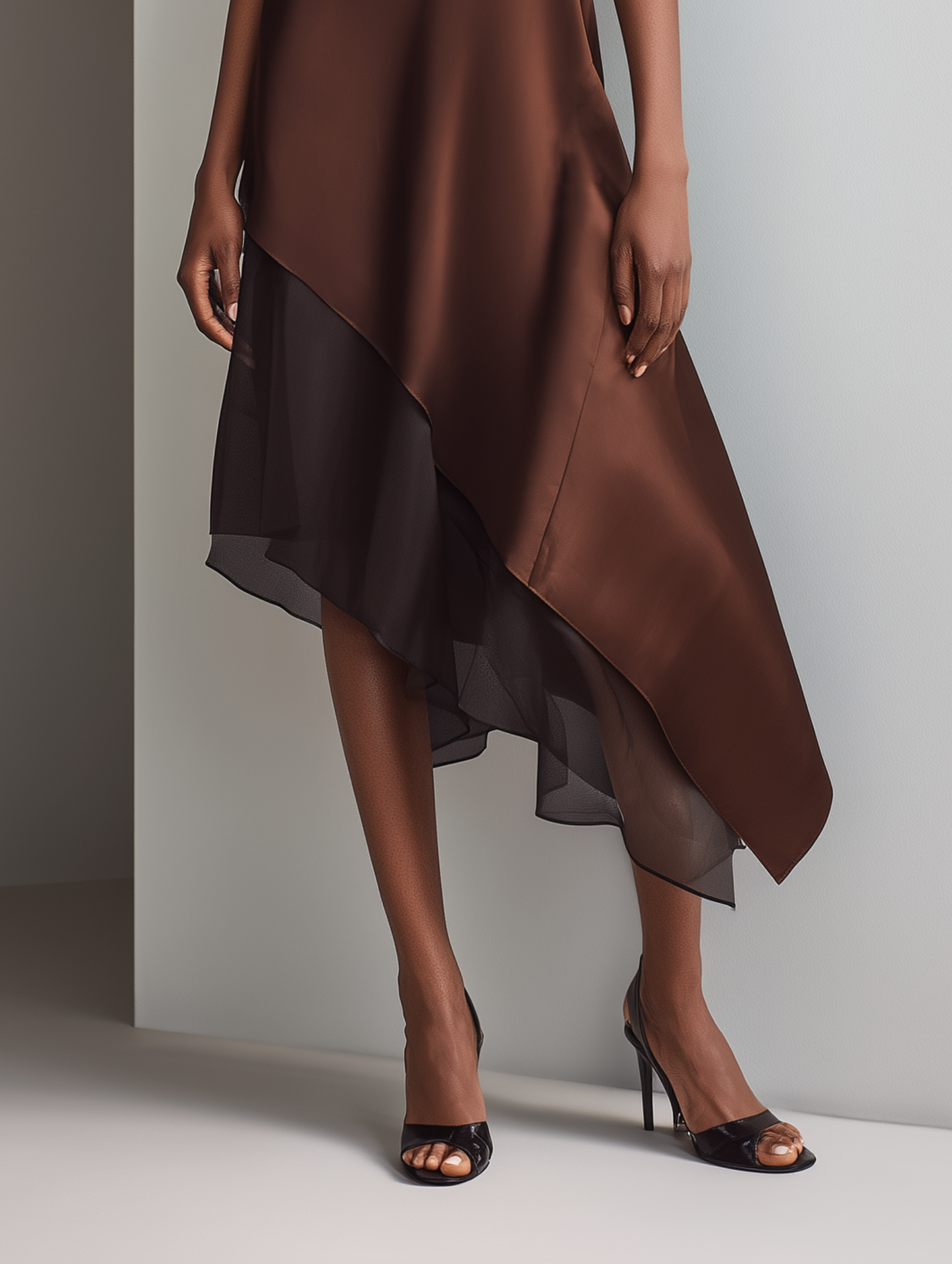 Women's Minimalist Faux Acetate & Chiffon Paneled Midi Dress — Sleeveless, Crew Neck, Asymmetrical Hem