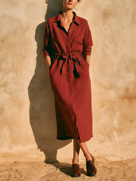 Women's Casual Retro Wine-Red Cotton-Linen Shirt Dress With Mid-Length Sleeves