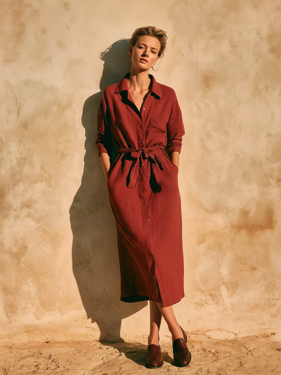 Women's Casual Retro Wine-Red Cotton-Linen Shirt Dress With Mid-Length Sleeves