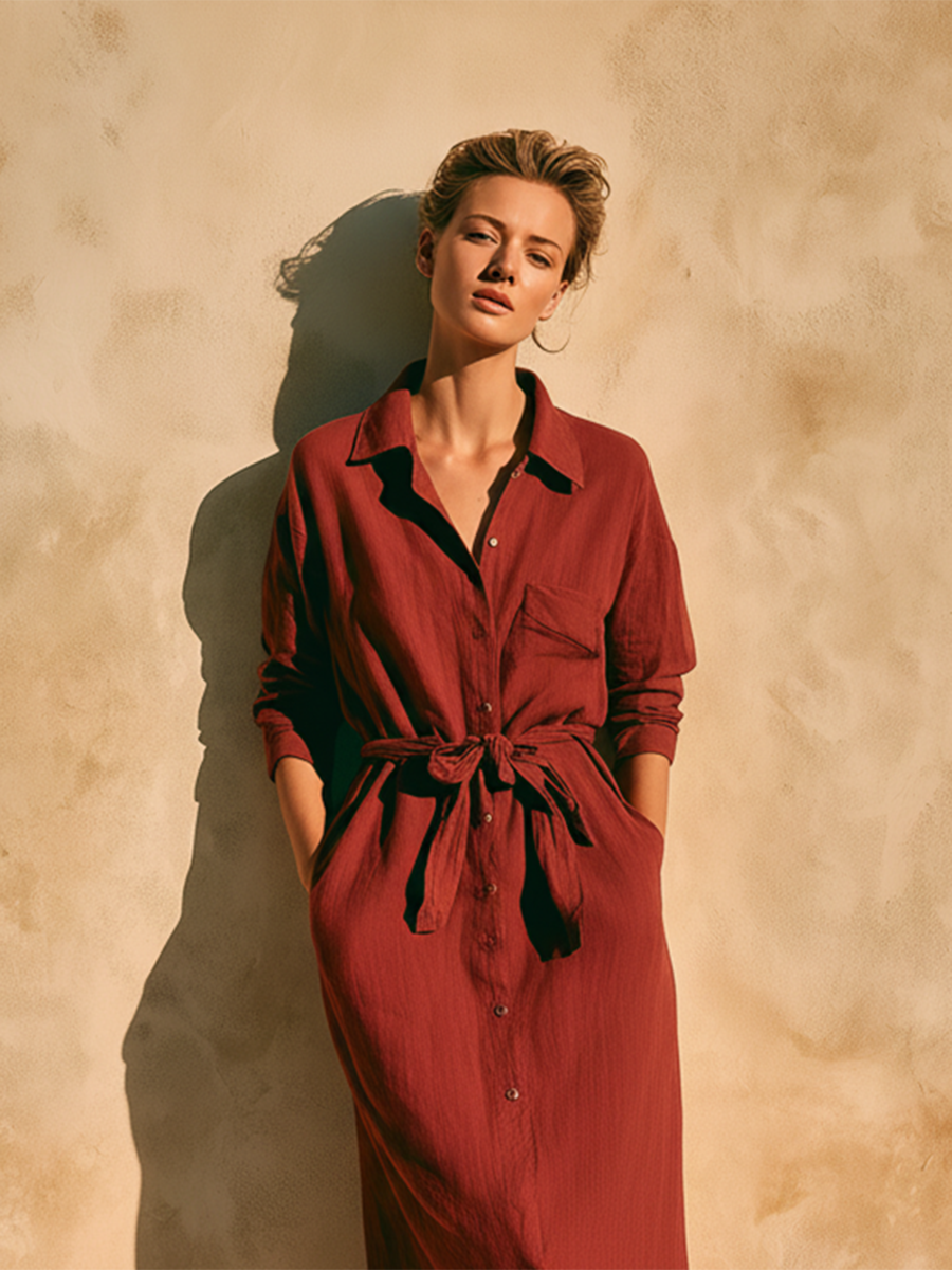 Women's Casual Retro Wine-Red Cotton-Linen Shirt Dress With Mid-Length Sleeves