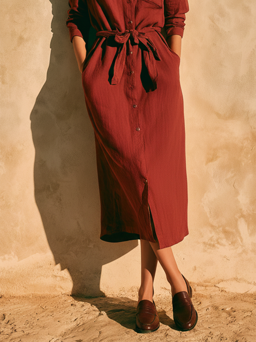 Women's Casual Retro Wine-Red Cotton-Linen Shirt Dress With Mid-Length Sleeves
