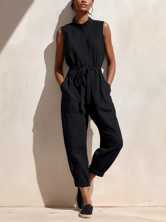 Women's Minimalist Retro Commuter Style Black Cotton-Linen Jumpsuit — Stand Collar, Sleeveless, Cropped Pants