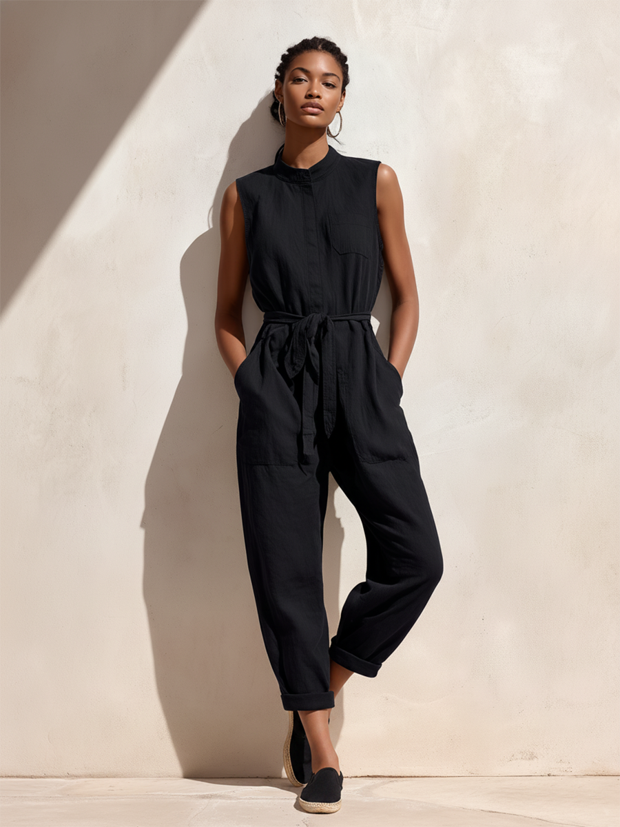 Women's Minimalist Retro Commuter Style Black Cotton-Linen Jumpsuit — Stand Collar, Sleeveless, Cropped Pants